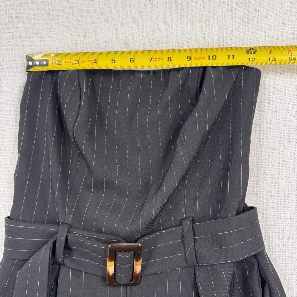 Black Pinstripe Strapless Wide Leg Jumpsuit with Belted Waist Smocked Back Sze S - Picture 5 of 11